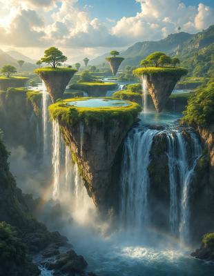 The primary subject of the image is a series of waterfalls, with each waterfall being a different height and shape. The waterfalls are situated on a series of platforms, creating a visually striking scene. The setting is a lush, green environment, with the waterfalls surrounded by trees and a blue sky in the background. The visual style of the image is a combination of photo and digital art, creating a realistic yet artistic representation of the waterfalls. The colors and mood of the image are vibrant and serene, with the blue sky and greenery adding to the overall atmosphere.